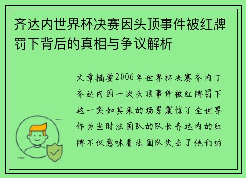 齐达内世界杯决赛因头顶事件被红牌罚下背后的真相与争议解析