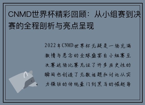 CNMD世界杯精彩回顾：从小组赛到决赛的全程剖析与亮点呈现
