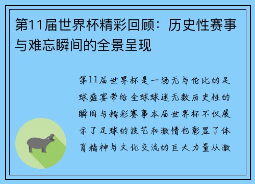 第11届世界杯精彩回顾：历史性赛事与难忘瞬间的全景呈现